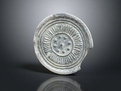 Ancient Circular Stoneware Household Item Featuring Decorative Radial Lines Dots And Chipped Edge 3d model