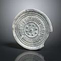 Ancient Circular Stoneware Household Item Featuring Decorative Radial Lines Dots And Chipped Edge