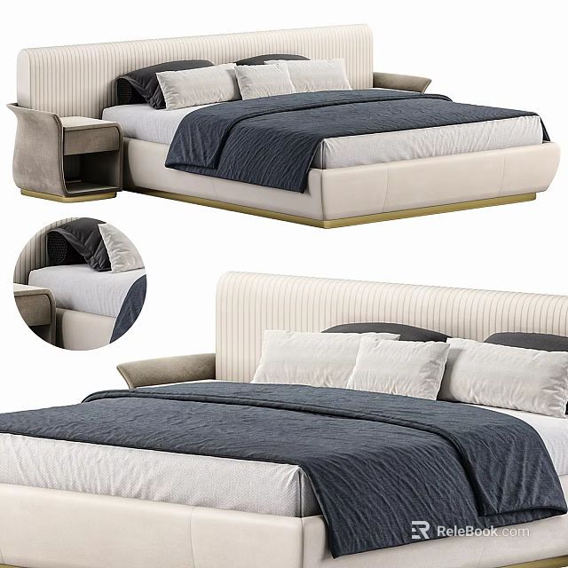 Modern Upholstered Double Bed With Blue Bedspread White Gray Pillows Side Table And Beige Frame 3d model 