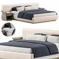 Modern Upholstered Double Bed With Blue Bedspread White Gray Pillows Side Table And Beige Frame 3d model
