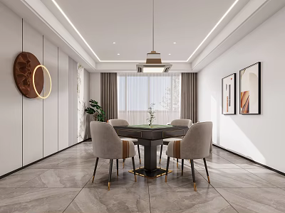 Hotel Mahjong Room Interior With Modern Design Table Chairs Pendant Light Wall Art And Plants 3d model