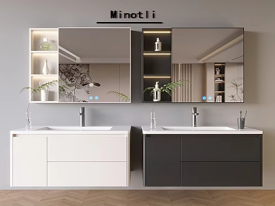 Modern White and Black Bathroom Cabinets with Double Sinks Illuminated Shelves and Mirror 3d model