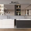 Modern White and Black Bathroom Cabinets with Double Sinks Illuminated Shelves and Mirror