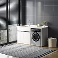 Bathroom Vanity Cabinet with Washing Machine White Countertop Sink Faucet Toiletries and Potted Plant