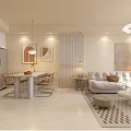 Modern Living and Dining Room Interior With Sofa Dining Table Chairs Artwork And Chandelier