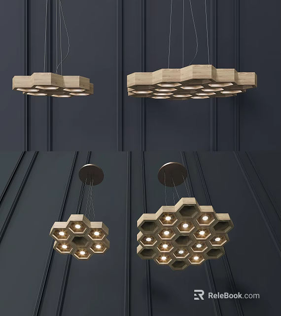 Modern Wooden Hexagonal Chandelier Design For Interior Ceiling With Multiple Lights 3d model