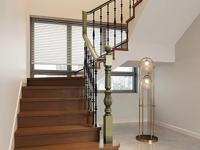 Modern Wooden Staircase With Black Metal Railing And Gold Floor Lamp Near Window With Blinds 3d model