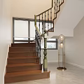 Modern Wooden Staircase With Black Metal Railing And Gold Floor Lamp Near Window With Blinds
