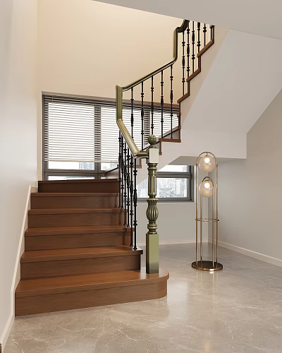 Modern Wooden Staircase With Black Metal Railing And Gold Floor Lamp Near Window With Blinds 3d model