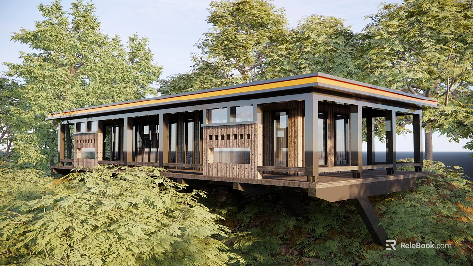 Modern Wooden Boutique Guesthouse Building With Large Windows And Lush Greenery Surroundings 3d model 