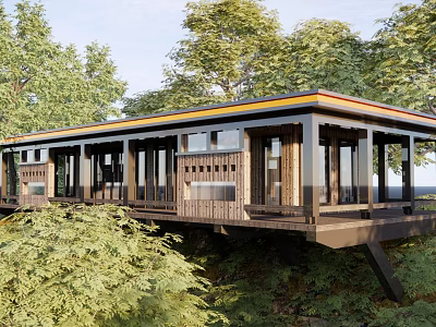Modern Wooden Boutique Guesthouse Building With Large Windows And Lush Greenery Surroundings 3d model