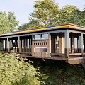 Modern Wooden Boutique Guesthouse Building With Large Windows And Lush Greenery Surroundings