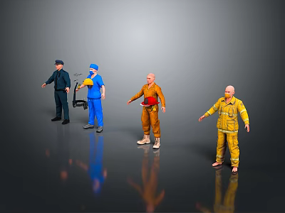 Four Character Models With Different Occupation Uniforms Standing In 3D Rendering 3d model
