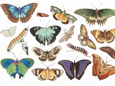 Colorful Butterfly and Caterpillar Silhouette Collection with Various Species and Vibrant Patterns 3d model