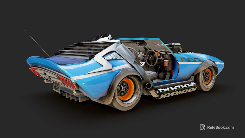 Blue Modified Car With Open Doors Orange Rims And Mechanical Details 3d model 