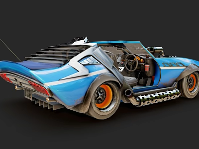 Blue Modified Car With Open Doors Orange Rims And Mechanical Details 3d model