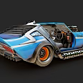 Blue Modified Car With Open Doors Orange Rims And Mechanical Details