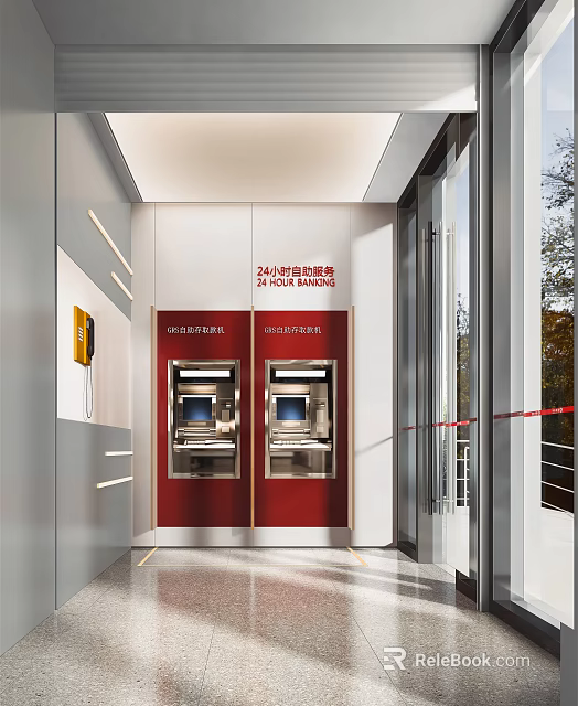 Bank 24 Hour Self Service Banking ATMs Entrance Featuring Glass Doors And Interior Design 3d model 
