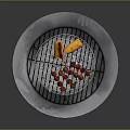 Round Metal Outdoor Grill With Skewered Sausages And Corn On Rack
