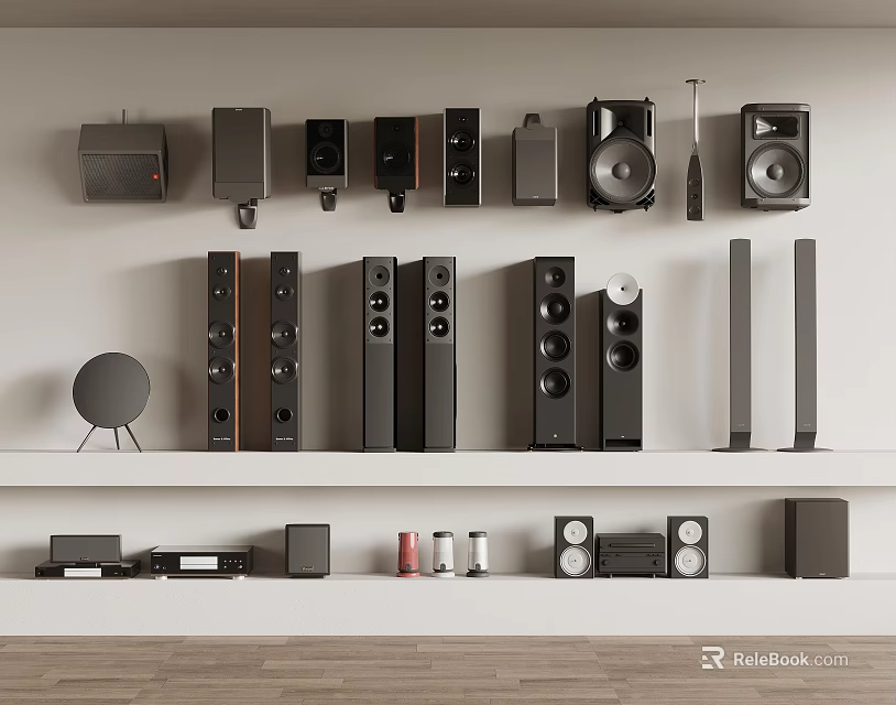Various Types Of Speakers Arranged On Shelves For Home Audio Setup 3d model 
