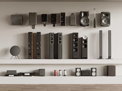 Various Types Of Speakers Arranged On Shelves For Home Audio Setup 3d model