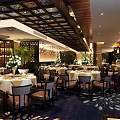 Elegant Restaurant Interior With Ornate Ceiling Wooden Tables And Floral Carpet