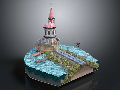 Cartoon Scene Featuring Pink Spire Tower Water Area Small Boat Bridge And Green Plants 3d model
