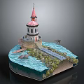 Cartoon Scene Featuring Pink Spire Tower Water Area Small Boat Bridge And Green Plants