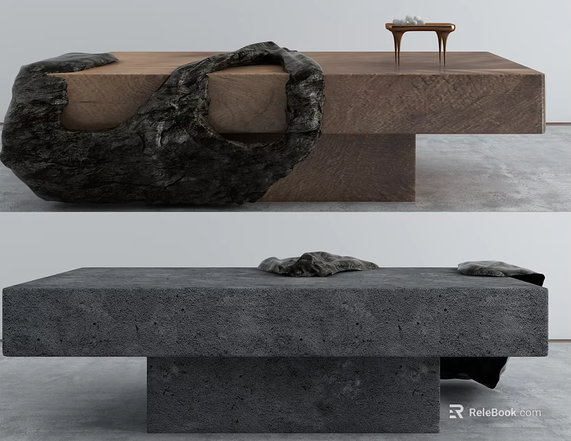 Modern Coffee Table With Wooden Top Rock Decor And Concrete Base Design Elements 3d model
