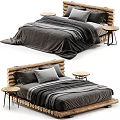 Natural Rustic Double Bed With Round Log Frame Soft Gray Bedding And Small Side Tables