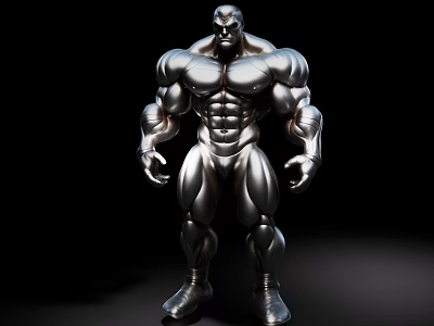 Silver Metallic Muscular Game and Movie Character With Sculpted Muscles Standing in Dark Background 3d model