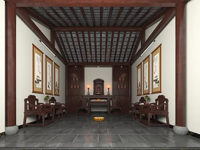Traditional Chinese Religious Devotion Space With Wooden Altar Candles Incense Burner And Calligraphy Scrolls 3d model