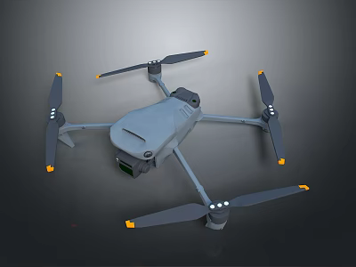 Advanced Gray Drone With Four Propellers Yellow Tip Blades And Camera System 3d model