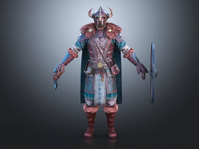 Game Movie Character Viking Warrior in Leather Armor with Horned Helmet Holding Sword and Shield 3d model