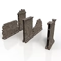 Ruined Ancient Stone Wall And Pillar Structures With Broken Remnants 3d model