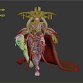 Mythical Warrior With Ornate Armor Golden Headdress Red Cape Green Gold Details and Weapon