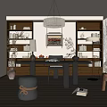 Cozy Study Room Interior With Built in Bookshelves Pendant Lamp Wooden Desk Comfortable Chair Stacked Books And Decorative Items