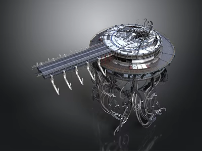 Futuristic Mechanical Structure Design With Circular Platform Metallic Pipes And Support Frames 3d model