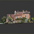 Detailed Miniature Red Brick House Model With Red Roof Chimneys And Garden Plants