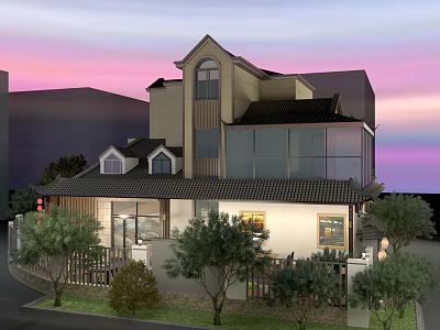 Modern Detached Villa With Large Glass Windows Dark Tile Roof Landscaped Garden And Sunset Sky 3d model