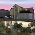 Modern Detached Villa With Large Glass Windows Dark Tile Roof Landscaped Garden And Sunset Sky