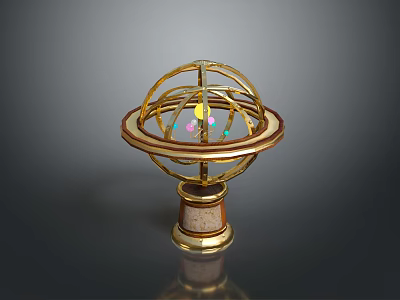Decorative Golden Armillary Sphere Featuring Circular Rings And Colored Accents On Base 3d model