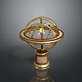 Decorative Golden Armillary Sphere Featuring Circular Rings And Colored Accents On Base