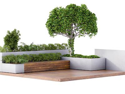 Bonsai Plants In Wooden And Stone Planters With Green Shrubs On Outdoor Deck 3d model