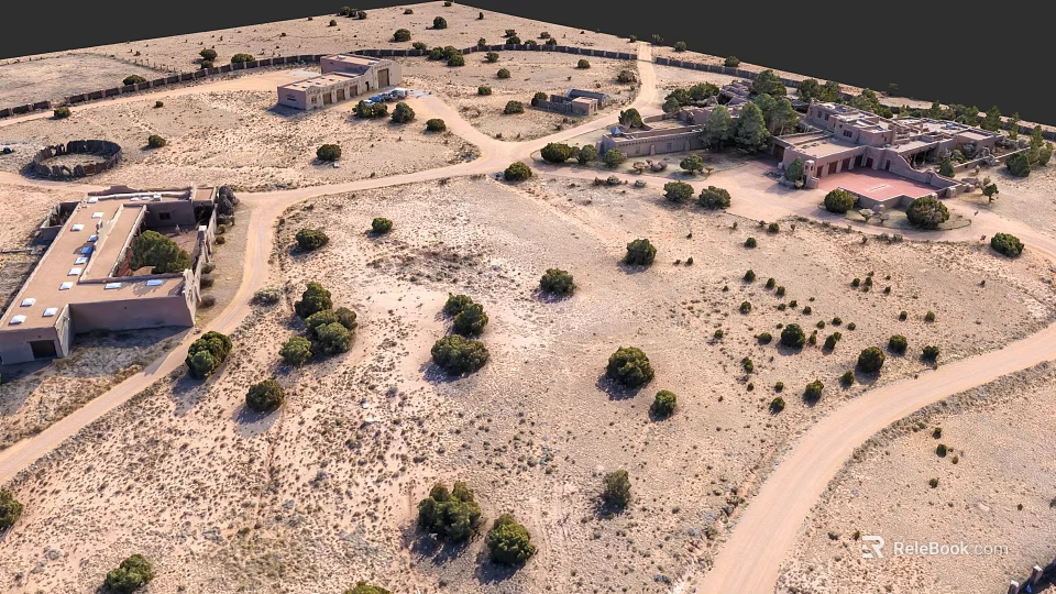 Desert Garden Landscape With Scattered Trees Winding Paths And Traditional Buildings 3d model 