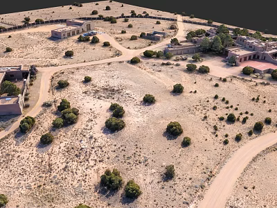 Desert Garden Landscape With Scattered Trees Winding Paths And Traditional Buildings 3d model