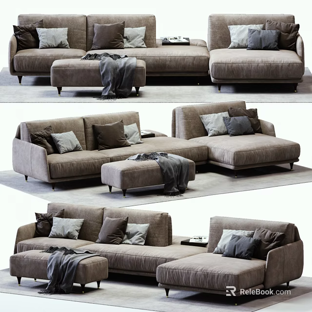 Modern Neutral Tone Sofa Set With Pillows Ottoman And Cozy Blanket 3d model 