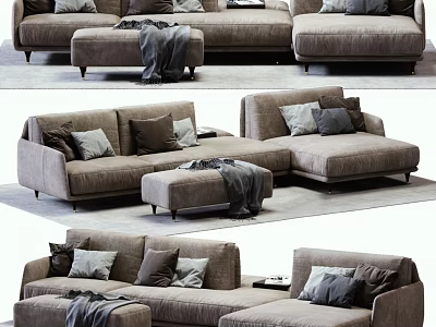 Modern Neutral Tone Sofa Set With Pillows Ottoman And Cozy Blanket 3d model
