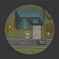 Cute Cartoon Miniature Scene with Blue Roof House Green Car and Yellow Leaf Tree