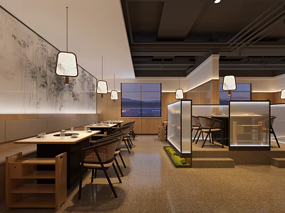 Modern Hotpot Restaurant with Open Layout Landscape Paintings Lantern Lights Wooden Tables and Glass Partitions 3d model